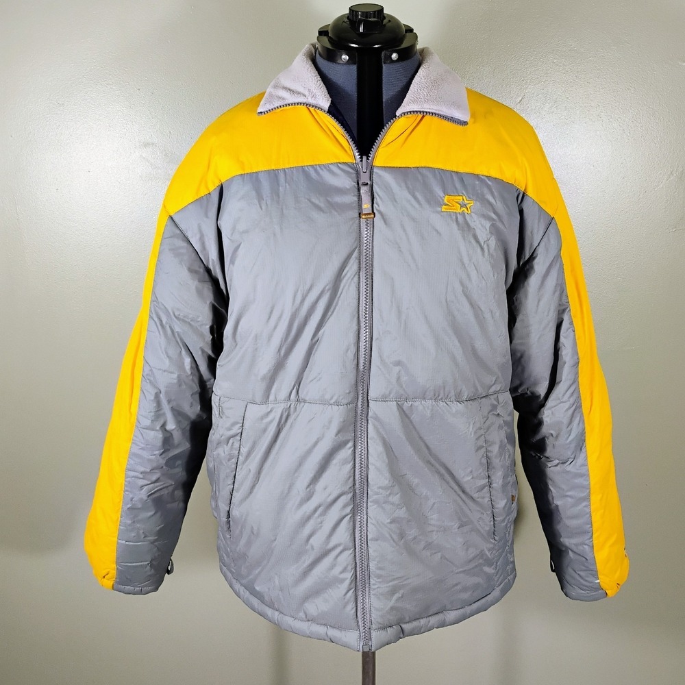 Men's Starter Down Jacket Coat Yellow Grey Zip Up Vintage Y2K Men's Size Large‎